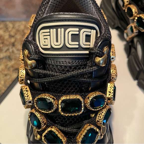 GUCCI Women's Flashtrek Crystals Black Emerald Sneakers - Picture 6 of 13